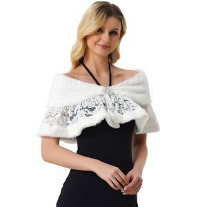 Wedding Cape for Dress Lace Trim Evening Faux Fur Shawl Shrug White
